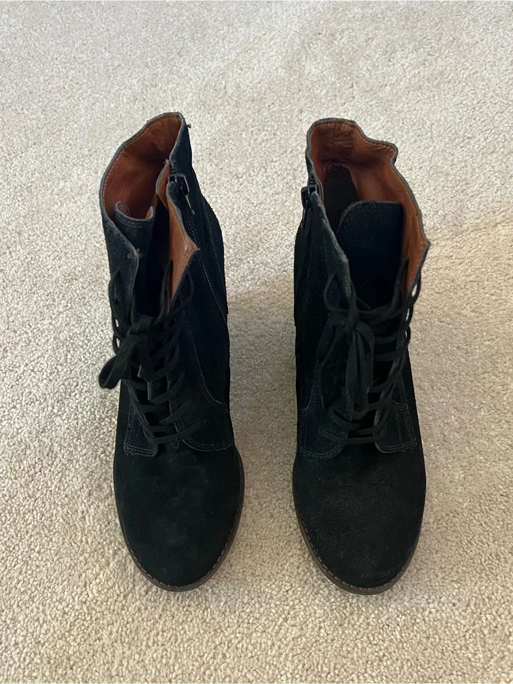 Lucky Brand Black Suede Lace-Up Wedge Ankle Boots